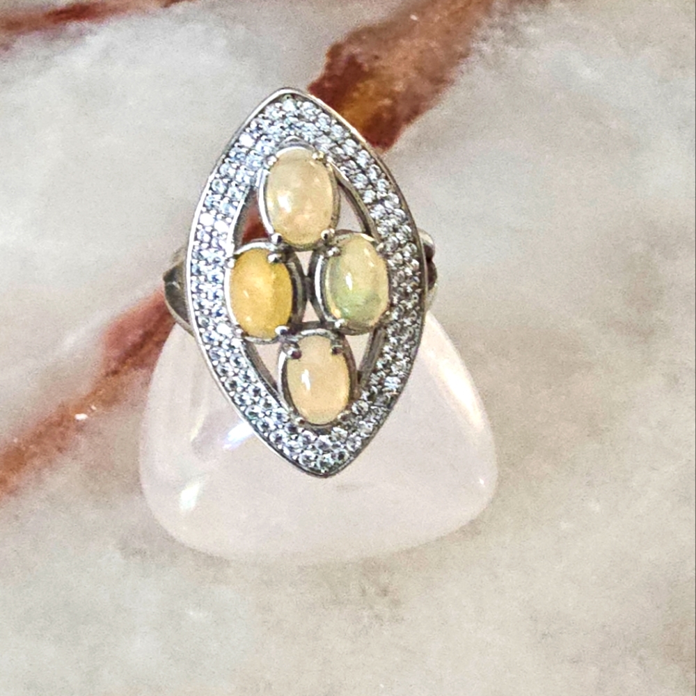 Statement Opal Shield Ring 925 Silver with CZ Frame
